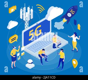 Internet 5g schnell sicher Smart City Infrastruktur Business-Netzwerk mobile Geräte Förderung isometrische Hintergrund Zusammensetzung Vektor Illustration Stock Vektor