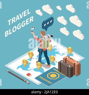 Isometrisches Konzept mit Reise-Blogger Streaming Video Pass Suitacases Weltkarte 3d-Vektor-Illustration Stock Vektor