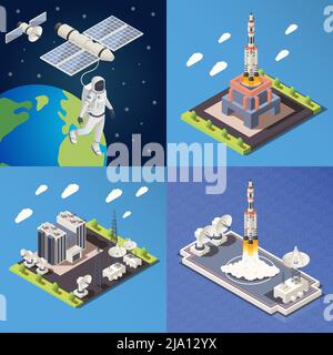 Isometrisches 2x2-Designkonzept mit Forschungskommandozentrum, das den Raketenastronauten im Weltraum startet, 3d-isolierte Vektordarstellung Stock Vektor