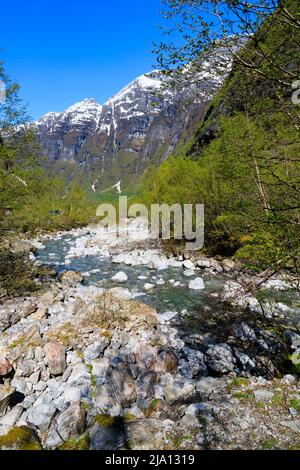 Kristallklares glaziales Schmelzwasser fließt in Richtung Lake Lovatnet, Norwegen Stockfoto