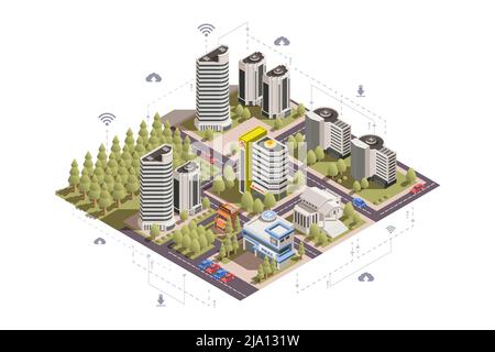 3d-Konzept der modernen intelligenten Stadt mit Wolkenkratzern öffentlichen Plätzen Straßen Autos Park isometrische Vektor-Illustration Stock Vektor