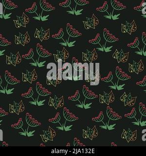 Viburnum und Blätter, nahtloses Muster auf dunklem Hintergrund Stock Vektor