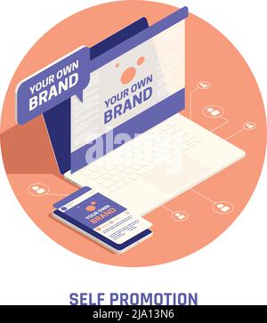 Selbstförderung Ihre eigene Marke Gebäude Netzwerk-Marketing isometrische kreisförmige Hintergrundkomposition mit persönlichen Webseite Vektor-Illustration Stock Vektor