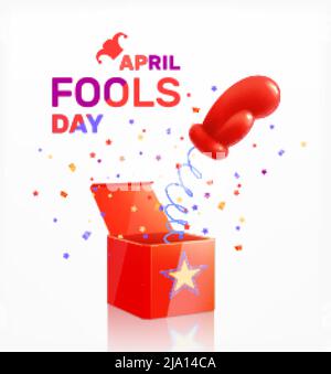 Fools Day april realistische Komposition mit Boxhandschuh springen aus dem Kasten mit Konfetti und Text Vektor Illustration Stock Vektor