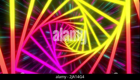Bild eines rosafarbenen und gelben Neon-Spiralmusters, das sich in hypnotischer Bewegung auf einer nahtlosen Schleife bewegt Stockfoto