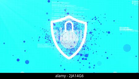 Abbildung der digitalen Abschirmung mit Vorhängeschloss auf blauem Hintergrund mit Anschlüssen Stockfoto