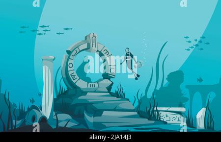 Versunkene atlantis Cartoon Unterwasser Hintergrund mit alten Ruinen und Fahrer Charakter Vektor Illustration Stock Vektor