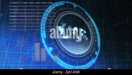 Abbildung des ukrainischen Griwna-Symbols auf rotierendem sicheren Schloss über Grafiken und Verarbeitungsdaten Stockfoto