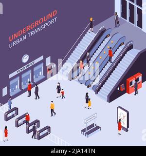 U-Bahn-Nahverkehr U-Bahn-Station Eingang Ausgang isometrische Ansicht mit Rolltreppen Drehtore Passagiere Vektor-Illustration Stock Vektor