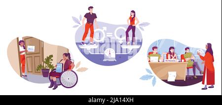 Flache Symbole für soziale Gerechtigkeit, die mit verschiedenen Menschen, Religion und unterschiedlichen Geschlechtern, dargestellt sind Stock Vektor