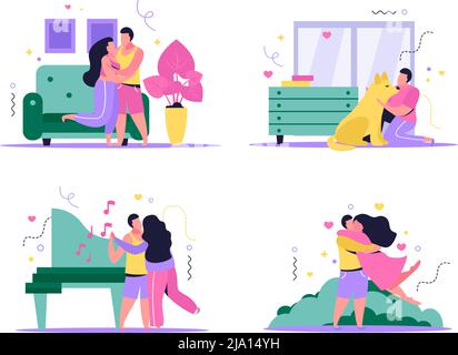Umarmung Tag Satz von vier isolierten Kompositionen mit flachen Bildern Charaktere von Liebenden in verschiedenen Umgebungen Vektor-Illustration Stock Vektor