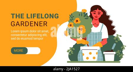 Garten horizontale Banner mit weiblichen Charakter mit Blumen in Topf und bearbeitbaren Text mit mehr Button-Vektor-Illustration Stock Vektor