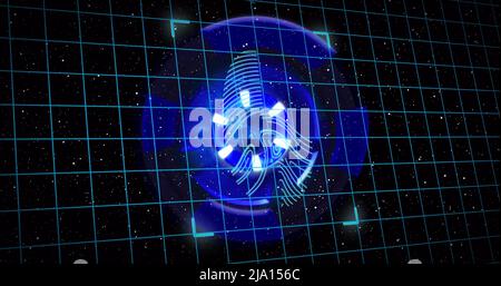 Abbildung des Fingerabdrucks im schwarzen Raum mit digitalen Vorhängeschlössern auf Schilden Stockfoto