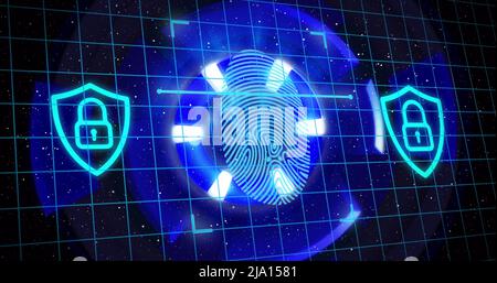 Abbildung des Fingerabdrucks im schwarzen Raum mit digitalen Vorhängeschlössern auf Schilden Stockfoto