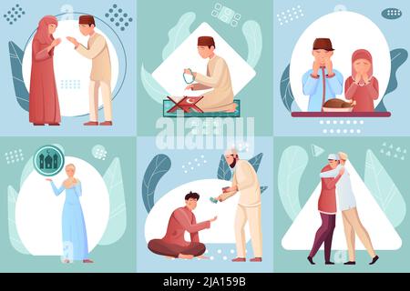 Flache Kompositionen mit muslimen Lesen koran beten Geld spenden während ramadan Urlaub isoliert Vektor-Illustration gesetzt Stock Vektor