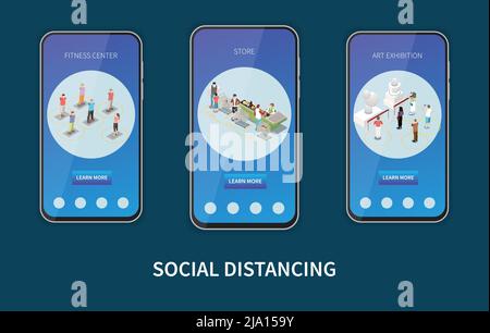 Set aus drei isolierten isometrischen Social-Distancing-Bannern in Smartphone-Frames mit Text und Vektorgrafik menschlicher Charaktere Stock Vektor