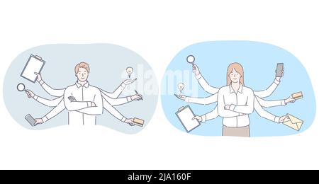 Multitasking im Business- und Bürokonzept. Junge lächelnde Männer und Frauen Geschäftsleute Büroangestellte stehen zwischen verschiedenen Aufgaben für den Arbeitstag und fühlen sich selbstbewusst Stock Vektor