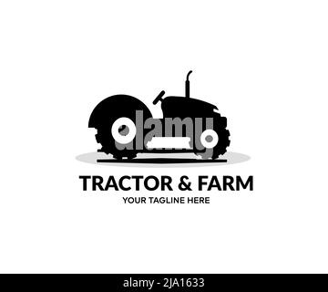 Landwirtschaftlicher Traktor arbeitet im Feld Logo-Design. Ein Traktor, der in einem Feld in den Stoppeln pflügt, ein Vektor-Design für die Landwirtschaft. Stock Vektor