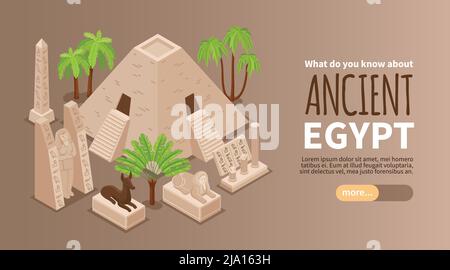 Altes ägypten isometrische horizontale Hintergrund Web-Banner mit großen Sphinx-Statue Pyramide berühmten Denkmälern Palmen Vektor-Illustration Stock Vektor