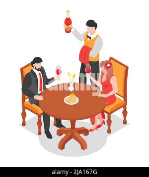 Ein Paar sitzt am Restauranttisch und verkostet Rotwein und Sommelier mit einer Flasche isometrischer Vektor-Illustration Stock Vektor