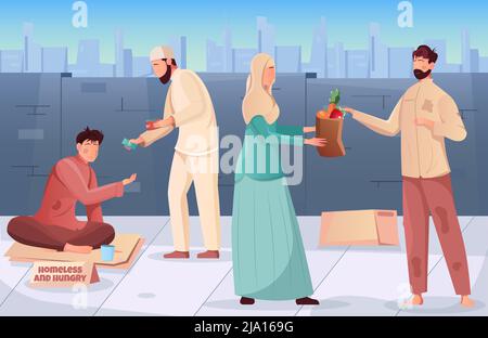 Flacher ramadan karitativen Hintergrund mit muslimischen Menschen geben Geld und Nahrung zu hungrigen und obdachlosen Vektor-Illustration Stock Vektor