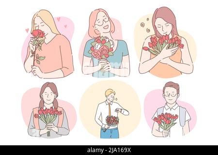 Blumensträuße als Geschenke für Frauen Konzept. Glücklich lächelnde Frauen Cartoon-Figuren mit Blumen Blumensträuße als Geschenke für den Urlaub und Männer Vorbereitung Blumen für liebe Frauen für die Dating Stock Vektor
