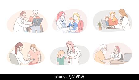 Medicare, Gesundheitswesen, Therapeuten, Kinderärzte Arbeitskonzept. Professionelle Ärzte Therapeuten und Kinderärzte Comic-Figuren Beratung und Heilung von Patienten in medizinischen Kliniken während der Besuche Stock Vektor