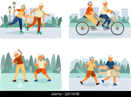 Ältere Menschen glücklich Leben isoliert Cartoon-Symbol mit sportlichen Aktivitäten wie Rollerblading Radfahren Ausübung und Laufen Vektor-Illustration gesetzt Stock Vektor