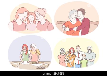 Großmutter und Enkelkind, glückliche Familie mit Großeltern Konzept. Glücklich lächelnde Großeltern helfen Kindern beim Kochen, fühlen Liebe von Verwandten und machen Familie Foto zusammen Illustration Stock Vektor