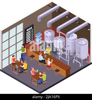 Brauerei Bier Produktion isometrische Zusammensetzung mit brauen Pub Landschaft mit Besucher Zeichen Bar Zähler und Gläser Vektor-Illustration Stock Vektor