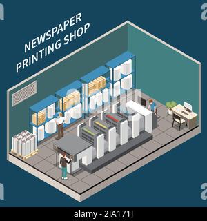 Isometrische Zeitungsdruckerei Interieur mit Ausrüstung bedruckte Produkte Papier und drei menschliche Zeichen 3d-Vektor-Illustration Stock Vektor