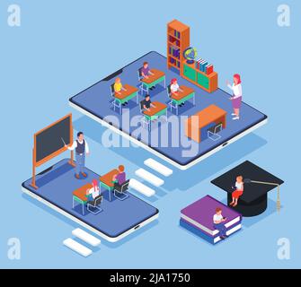 Online-Bildung isometrisches Konzept mit elektronischen 3D-Gadgets und Klassen mit Kindern und Lehrern Vektor-Illustration Stock Vektor