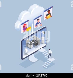 Isometrisches Fernarbeits- und Verwaltungskonzept mit Charakter, der auf dem Computerbildschirm eine Treppe hoch ins Büro geht, 3d-Vektordarstellung Stock Vektor