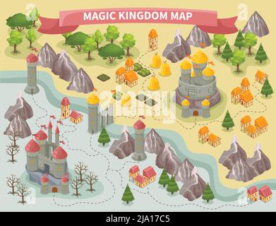 Isometrische bunte Karte von magischen Königreich mit Burgen Wald Stadt 3d-Vektor-Illustration Stock Vektor
