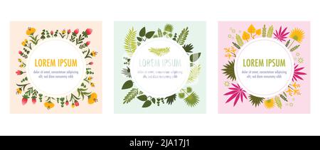 Runde Rahmen Pflanzen flache Symbol mit verschiedenen Blättern Blumen und Farben und Platz für Text in der Mitte der Kreis Vektor-Illustration gesetzt Stock Vektor