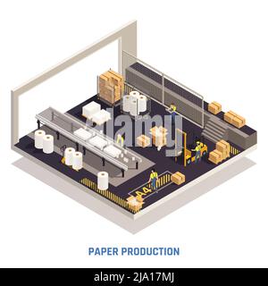 Papierherstellung isometrisches isoliertes Konzept mit Holzpapierproduktion im Werk in der Werkstatt Vektordarstellung Stock Vektor