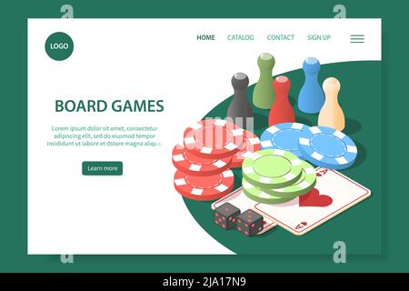 Board Games Website Landing Page mit 3d-Karten Chips Zahlen und Würfel isometrische Vektor-Illustration Stock Vektor