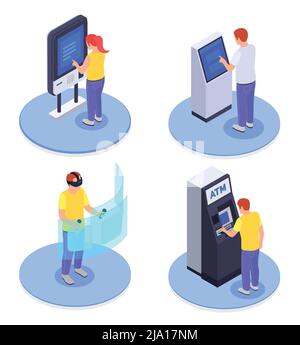 Isometrisches 2x2 Design-Konzept mit Menschen, die Schnittstellen atm Information Kiosk virtuellen Bildschirm isoliert Vektor-Illustration Stock Vektor