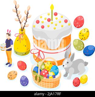 Ostern isometrische Hintergrundkomposition mit Bildern von bemalten Eiern großen osterkuchen Hase und Weide Zweig Vektor-Illustration Stock Vektor