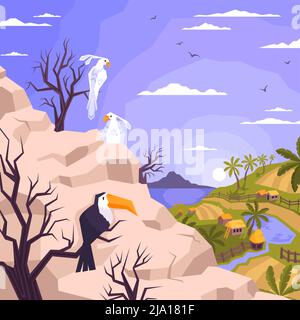 Landschaft flache Komposition mit Blick im Freien auf den Berg mit sitzenden Papageien Tukan und Blick auf Dorf Vektor-Illustration Stock Vektor