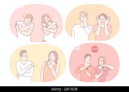 Paar, das unterschiedliche Emotionen und Zeichen mit Händen ausdrückt Konzept. Junge Paar Comic-Figuren zeigen umarmen, Pflege, Stop-Zeichen, bedeckt Gesicht und Augen mit Händen, zeigen auf einander Stock Vektor