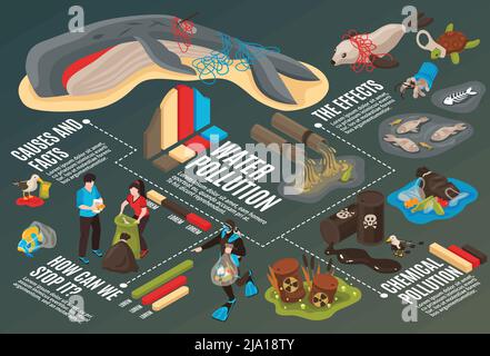 Infografiken zur Wasserverschmutzung Hintergrund mit Informationen über Ursachen Fakten und Auswirkungen von Umweltkatastrophen isometrische Vektordarstellung Stock Vektor