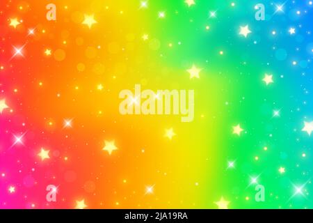 Rainbow Fantasy Hintergrund. Holographischer, welliger, heller, farbenprächiger Himmel mit Sternen und Bokeh. Vektor. Stock Vektor