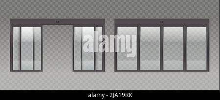 Glastür Eingang realistische Set mit transparentem Hintergrund und Bilder von Glastüren mit geöffneten Abschnitten Vektor-Illustration Stock Vektor