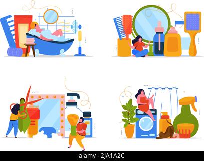Badzeit 2x2 Design-Konzept Satz von Menschen verbringen Zeit in Badewanne Haushaltartikel und Pflegeprodukte Vektor-Illustration Stock Vektor