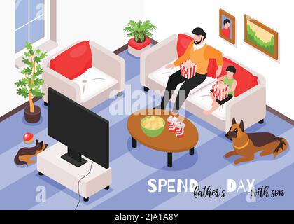 Väter Tag isometrischen Hintergrund mit Vater und seinem Sohn in zu Hause Innenraum Fernsehen zusammen Vektor-Illustration Stock Vektor