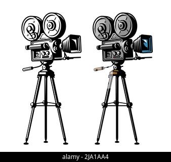 Vintage-Videoprojektor. Retro-Filmkamera auf Stativ isoliert auf weißem Hintergrund. Vektorgrafik Stock Vektor