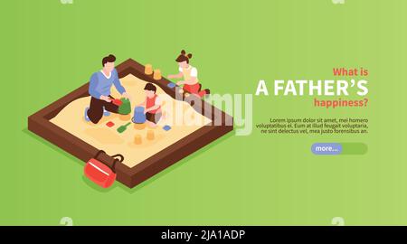 Fathers Happiness horizontales Banner mit Vater und Kindern, die darin spielen Sandbox isometrische Vektorgrafik Stock Vektor