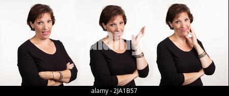 Frau im mittleren Alter in Schwarz, die drei verschiedene Ausdrücke macht. Stockfoto