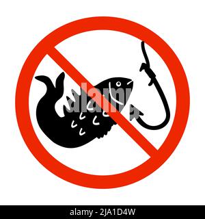 Kein Schild mit Angelmöglichkeit. Roter Kreis Symbol mit Fisch Silhouette und Haken.Insignien verbieten Angeln an diesem Ort.Umweltschutz.Vektor-Illustration Stock Vektor
